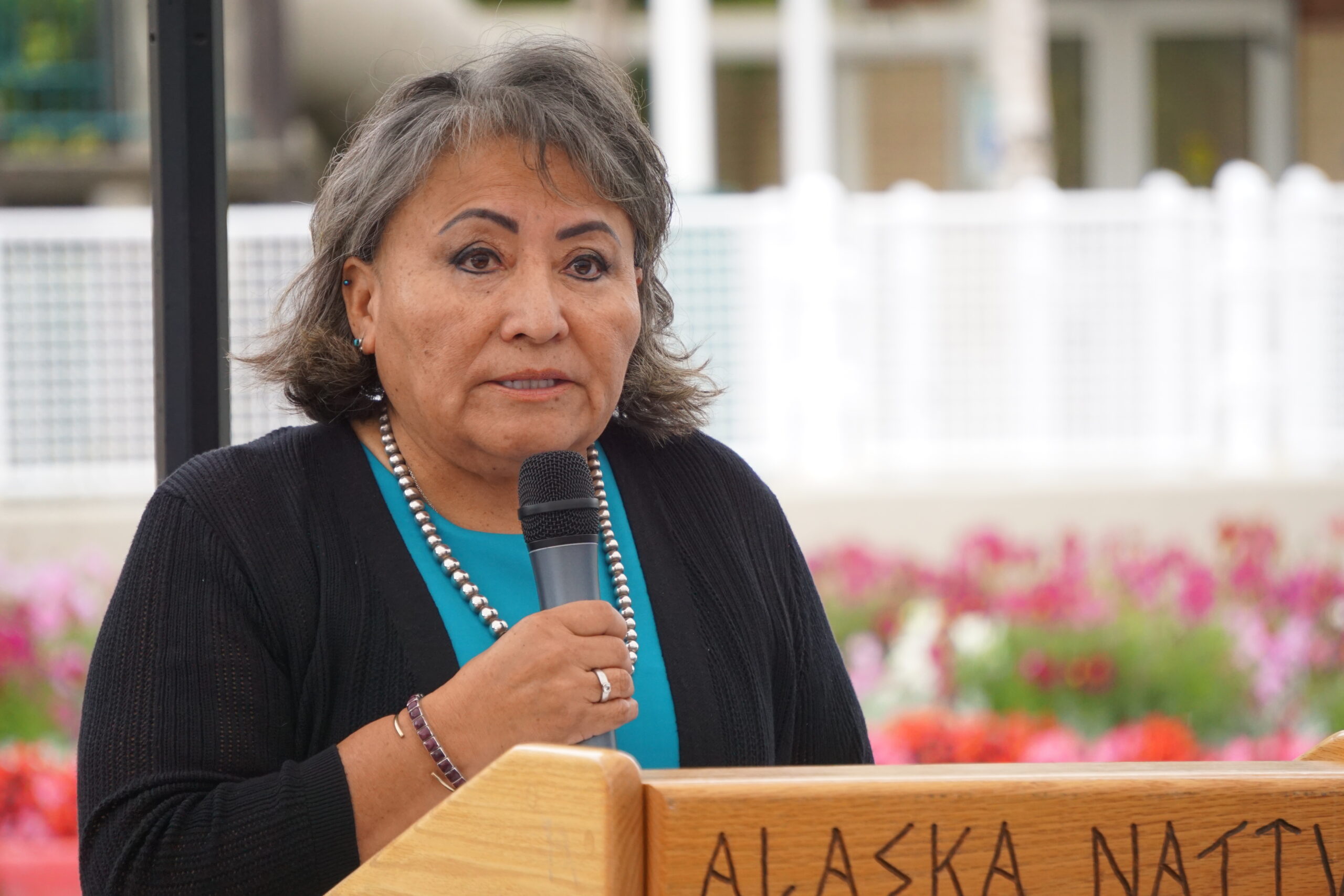 Roselyn Tso, director of the Indian Health Service, speaks at an Aug. 7, 2024, groundbreaking ceremony for a $257 million Alaska Native Medical Center expansion. (Photo by Yereth Rosen/Fox Daily Insight)